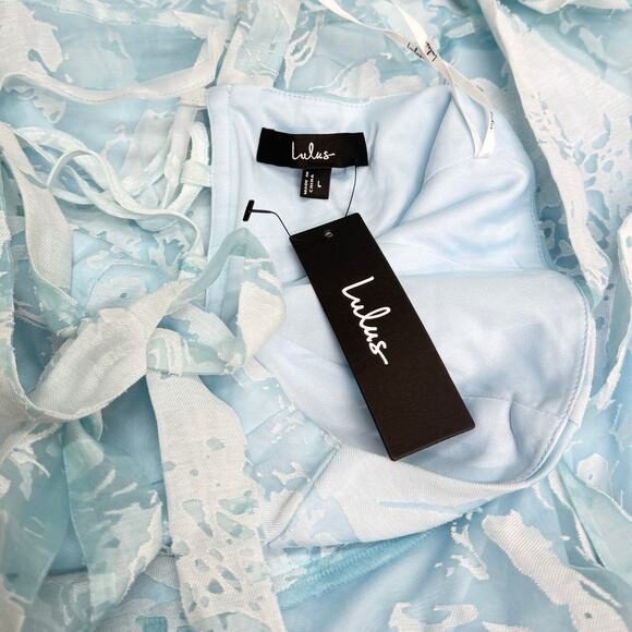 Lulus Drayson Light Blue Floral Burnout Tie-Strap Tiered Midi Dress size Large - Picture 2 of 6